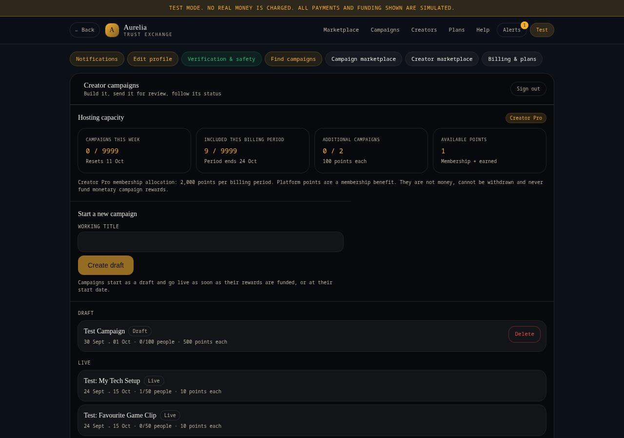 Creator campaigns. Start a draft, see your Points and follow each campaign's status.