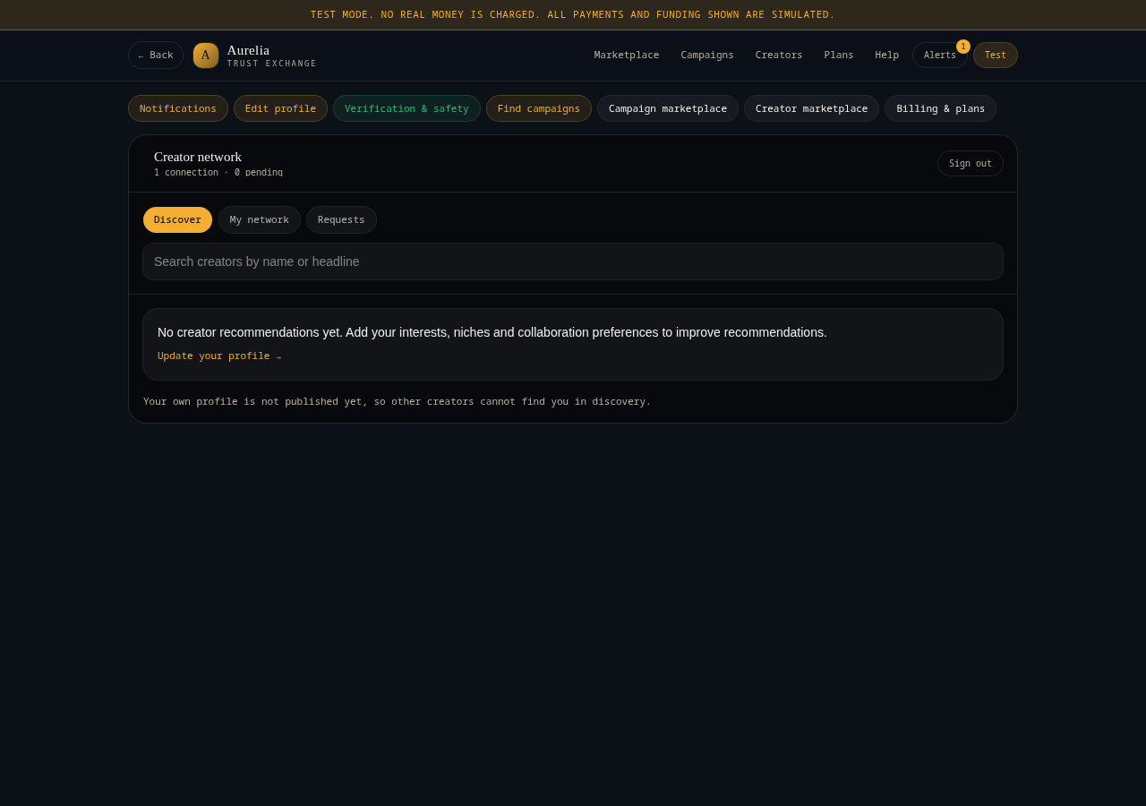Creator network, with Discover, My network and Requests tabs.