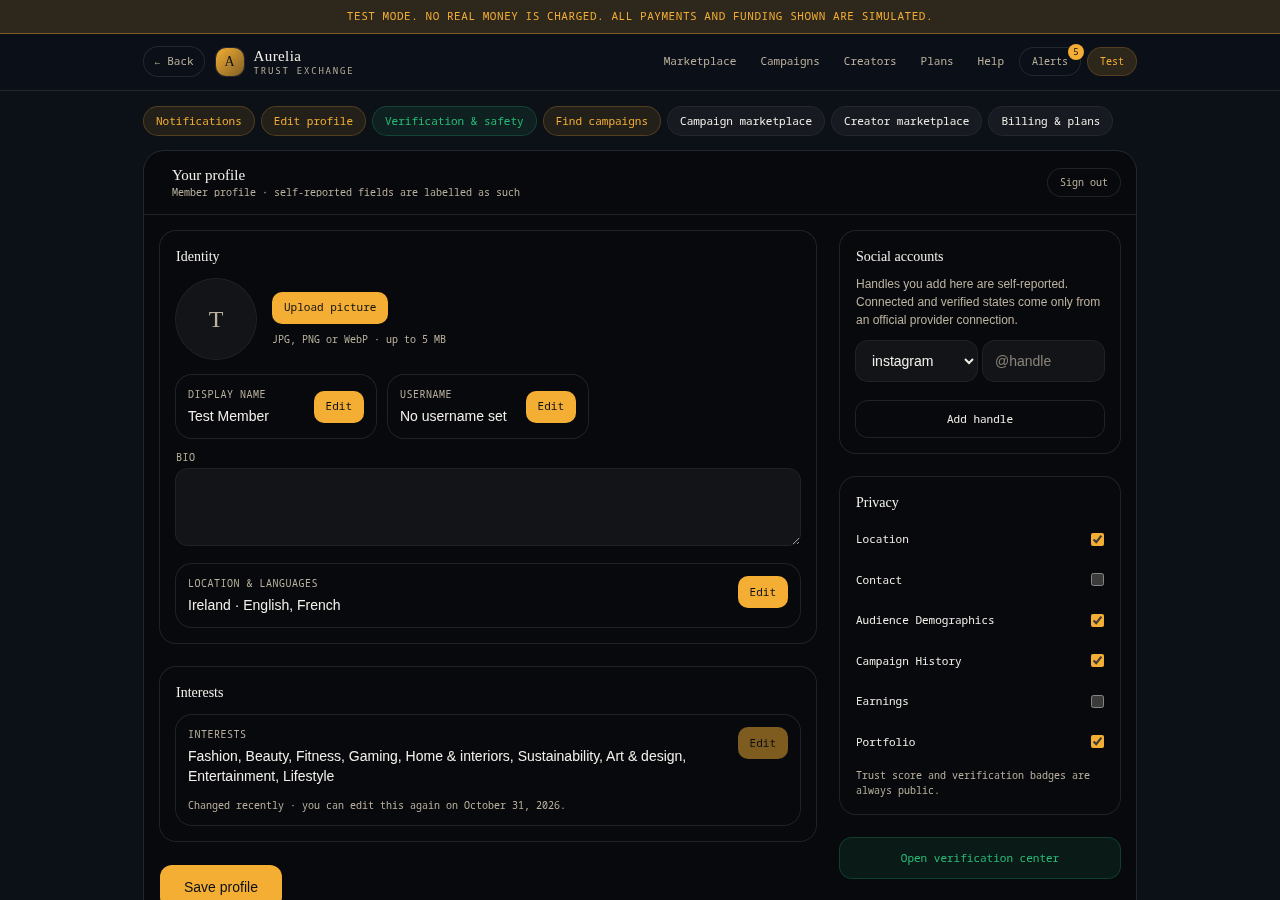 Your profile. Each locked field has its own Edit button.